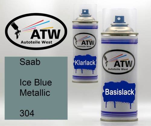 Saab, Ice Blue Metallic, 304: 400ml Sprühdose + 400ml Klarlack - Set, von ATW Autoteile West.